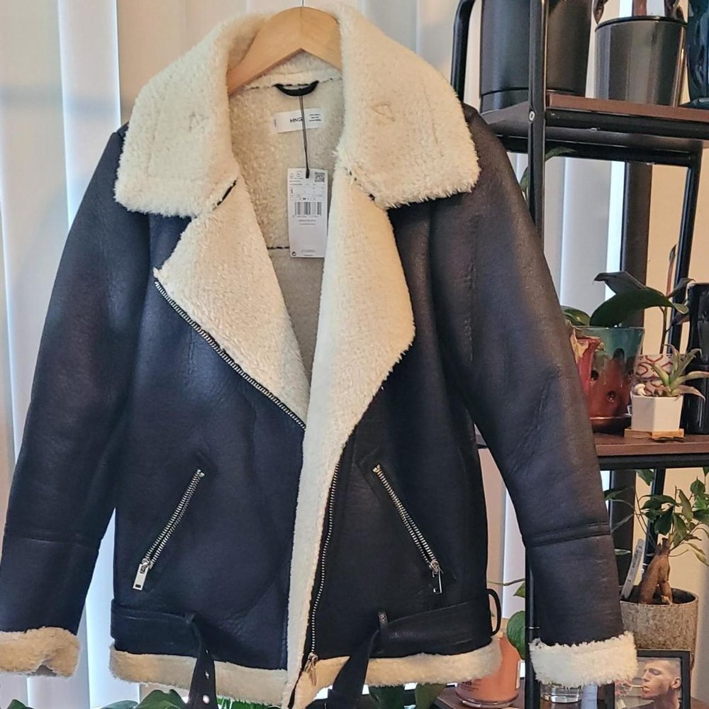 NWT Mango faux leather shearling aviator jacket.